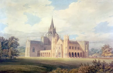 Perspektivvy av Fonthill Abbey från sydväst, ca 1799 (wc und gouache på papper)